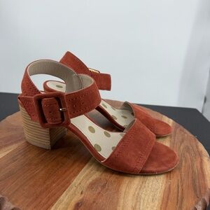 Boden Margot Suede Buckle Block Heel Sandals Conker Rust Size 38 US 7